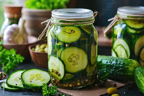 Glass jars with pickled cucumbers. Marinated pickled cucumbers.