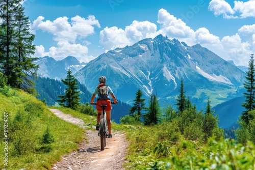 Mountain biking woman riding on bike in summer mountains forest landscape. © Lubos Chlubny