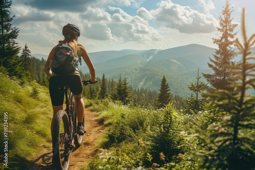 Mountain biking woman riding on bike in summer mountains forest landscape. photo