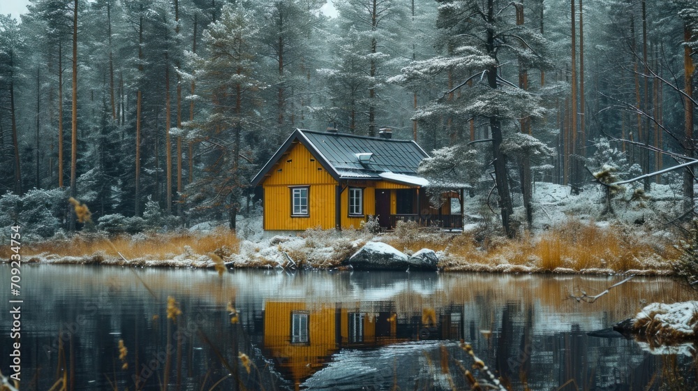 Yellow house on the lake