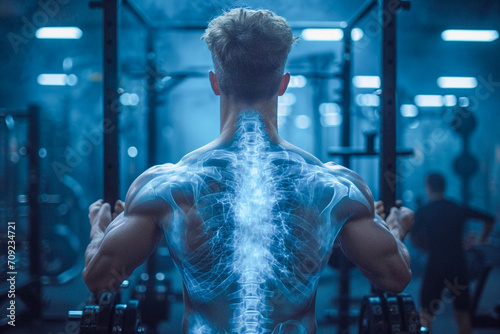 Close up of a male athlete training in a modern gym, with an x-ray scan overlay photo