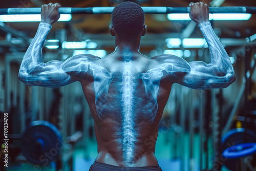 Close up of a male athlete training in a modern gym, with an x-ray scan overlay