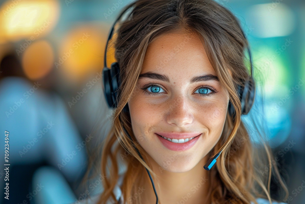 Friendly portrait of a brunette female businesswoman with a headset Friendly portrait of a brunette female businesswoman with a headset