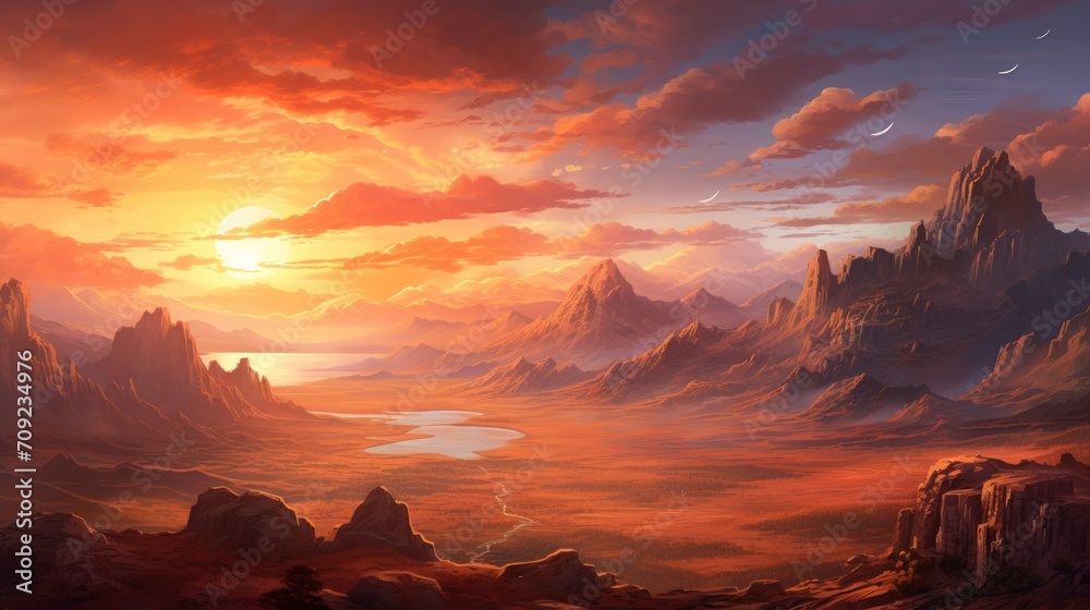 Beautiful panoramic Mountain landscape at sunset sky. Generate AI image
