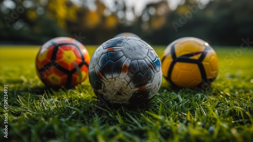 Three Soccer Balls on Lush Green Field