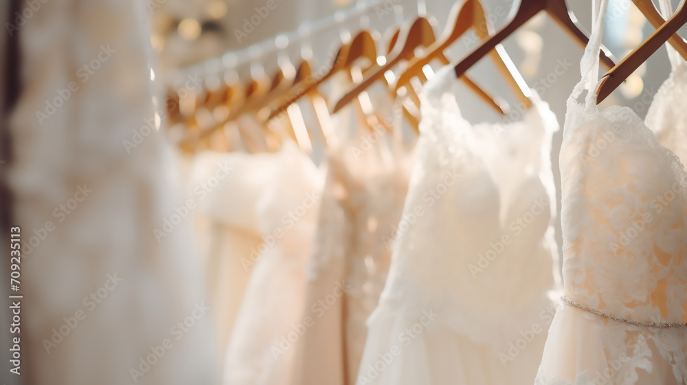 Different wedding dresses hanging on hanger in bridal shop boutique salon Different wedding dresses hanging on hanger in bridal shop boutique salon