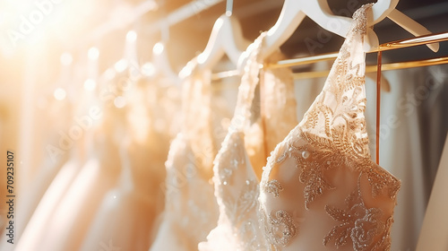 Different wedding dresses hanging on hanger in bridal shop boutique salon