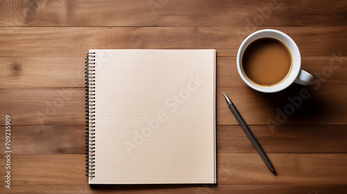 Wooden table with blank notebook page, pen, coffee cup