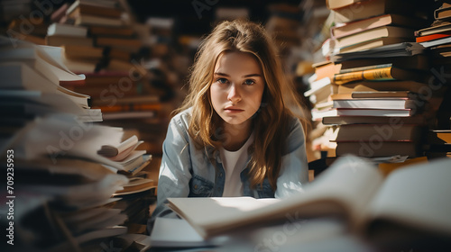 Tired student girl sits with pile of books, feeling overwhelmed by her workload