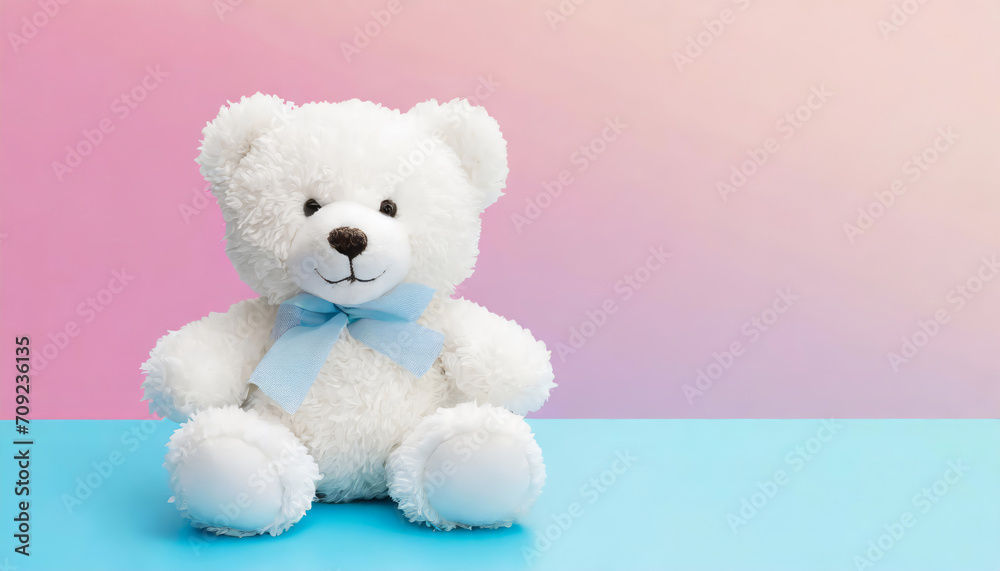 Smiling white teddy bear sitting on half pink and half blue background with copy space