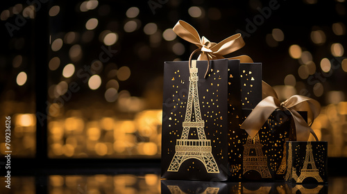 Gold Eiffel tower with paper bags, romantic gift
