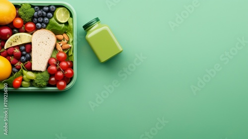 Wholesome school lunch arrangement on a soft green surface featuring a variety of fresh fruits, vegetables, sandwiches, and berries in a lunchbox. Perfect for a balanced and nutritious meal at school