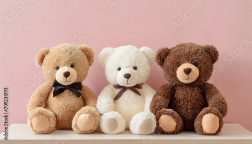 Smiling white, light brown and dark brown teddy bears sitting on a wooden dest with pink wall background
