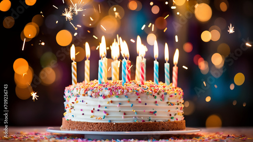 Birthday cake with candles, birthday party for children, children having fun, colourful cake, happy birthday 