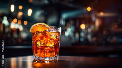 Orange Cocktail on a table, summer night bar background