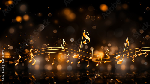 Music notes on a black and golden background, blurry lights