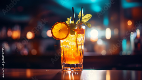 Orange Cocktail on a table, summer night bar background