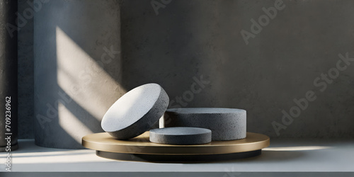3D Stone podium luxury circle shape and concrete wall for display presentation. japanese style for branding. mockup, showcase, Shampoo, skincare, lotion, cosmetics ,Promotion, identity, 3d rendering