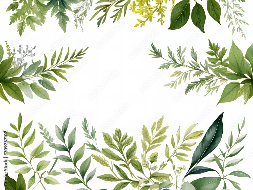 Chic Botanical Elegance Horizontal Herbal Banners for Wedding Invitations, Business Products, and Web Designs – A White Canvas Adorned with Leaves and Herbs