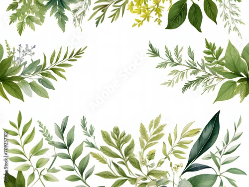 Chic Botanical Elegance Horizontal Herbal Banners for Wedding Invitations, Business Products, and Web Designs – A White Canvas Adorned with Leaves and Herbs