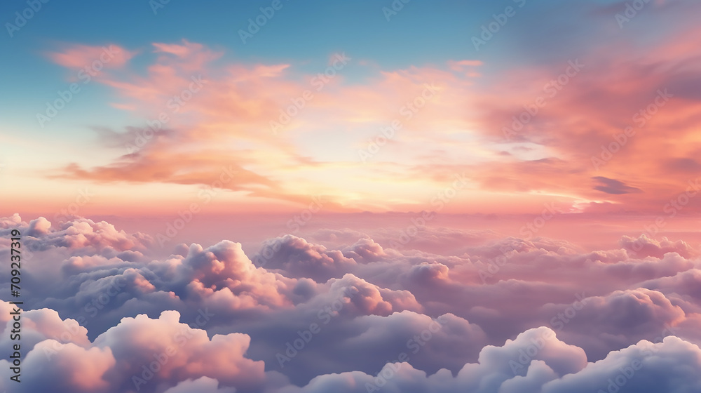 Sky with clouds at twilight, dusk, dawn, flying above the clouds, over the clouds