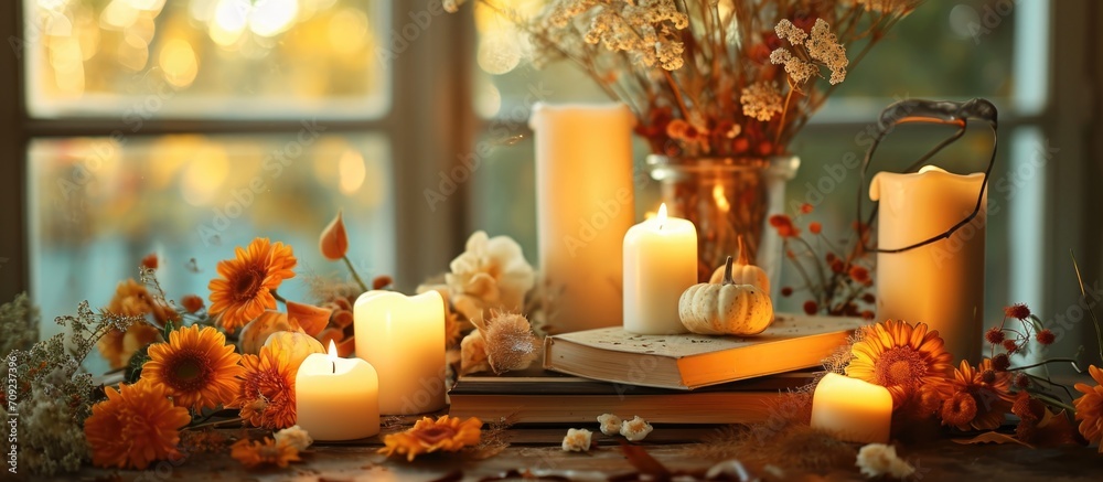 Autumn ambiance with candles, flowers, and books.