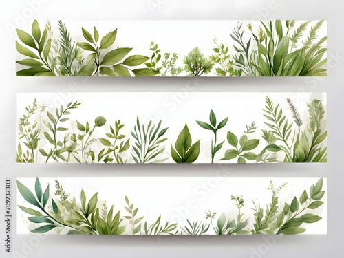 Chic Botanical Elegance Horizontal Herbal Banners for Wedding Invitations, Business Products, and Web Designs – A White Canvas Adorned with Leaves and Herbs