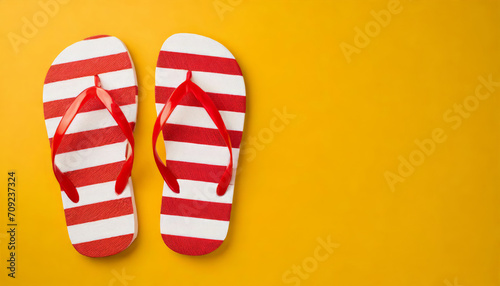 Top view of striped red and white flip-flops on yellow background with copy space