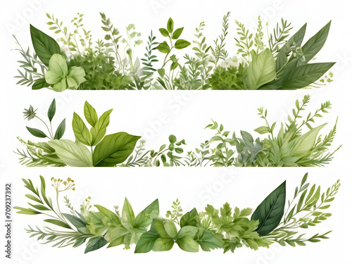 Chic Botanical Elegance Horizontal Herbal Banners for Wedding Invitations, Business Products, and Web Designs – A White Canvas Adorned with Leaves and Herbs