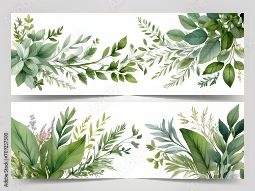 Chic Botanical Elegance Horizontal Herbal Banners for Wedding Invitations, Business Products, and Web Designs – A White Canvas Adorned with Leaves and Herbs
