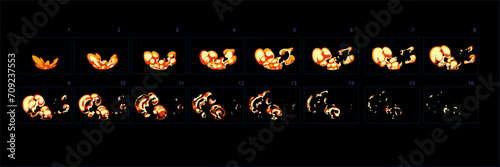 Fire burst animation . Sprite sheet of fire effect animation for games, cartoon or animation. Set of frames fire animation. – Vector