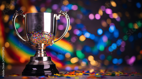 Gay pride cup or winner trophy in golden and silver shiny chrome with celebration rainbow gay confetti and rainbow gay ribbon decoration, gay month background