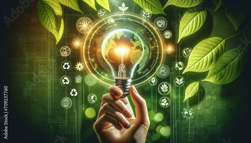 Main tenant une ampoule électrique sur un fond de feuilles vertes: idéal pour articles sur le climat, la terre, l’environnement, la technologie, l'écologie, l’électricité, l’énergie photo