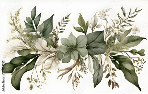 Chic Botanical Elegance Horizontal Herbal Banners for Wedding Invitations, Business Products, and Web Designs – A White Canvas Adorned with Leaves and Herbs