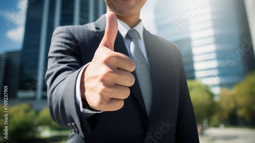 Businessman showing thumbs up against view of a modern business skyscraper