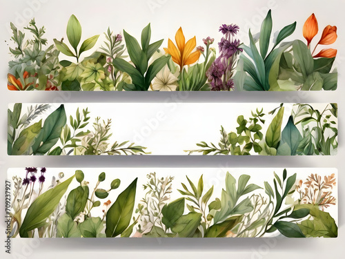 Chic Botanical Elegance Horizontal Herbal Banners for Wedding Invitations, Business Products, and Web Designs – A White Canvas Adorned with Leaves and Herbs