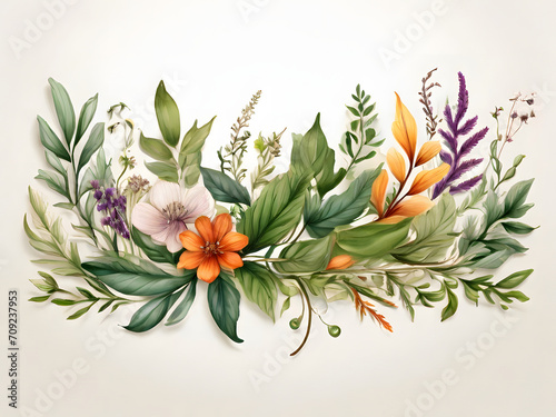 Chic Botanical Elegance Horizontal Herbal Banners for Wedding Invitations, Business Products, and Web Designs – A White Canvas Adorned with Leaves and Herbs