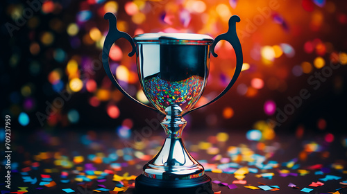 Gay pride cup or winner trophy in golden and silver shiny chrome with celebration rainbow gay confetti and rainbow gay ribbon decoration, gay month background