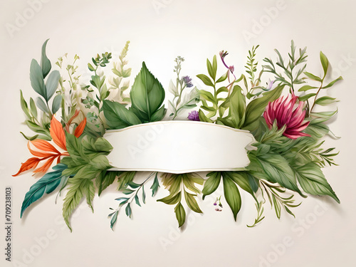 Chic Botanical Elegance Horizontal Herbal Banners for Wedding Invitations, Business Products, and Web Designs – A White Canvas Adorned with Leaves and Herbs