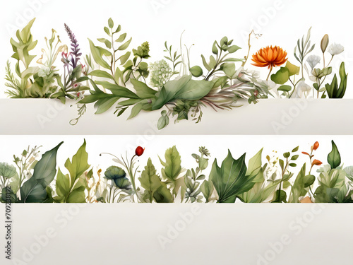 Chic Botanical Elegance Horizontal Herbal Banners for Wedding Invitations, Business Products, and Web Designs – A White Canvas Adorned with Leaves and Herbs