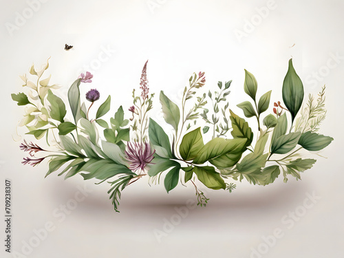 Chic Botanical Elegance Horizontal Herbal Banners for Wedding Invitations, Business Products, and Web Designs – A White Canvas Adorned with Leaves and Herbs