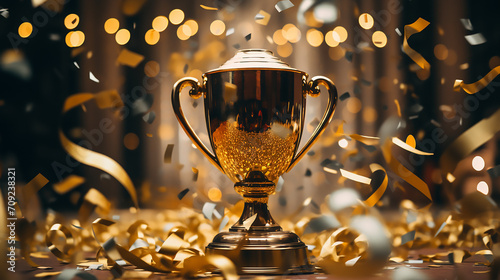 Victory cup or winner trophy in golden and silver shiny chrome with celebration golden confetti and decoration, Celebration award