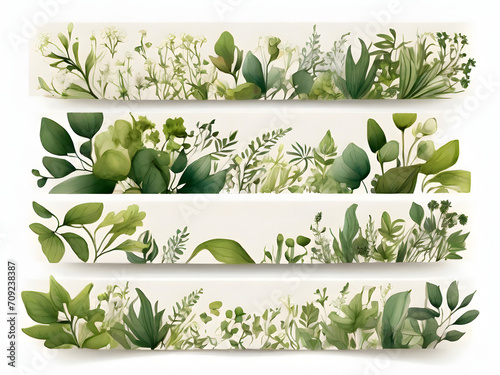 Chic Botanical Elegance Horizontal Herbal Banners for Wedding Invitations, Business Products, and Web Designs – A White Canvas Adorned with Leaves and Herbs
