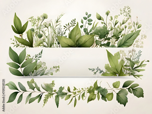 Chic Botanical Elegance Horizontal Herbal Banners for Wedding Invitations, Business Products, and Web Designs – A White Canvas Adorned with Leaves and Herbs