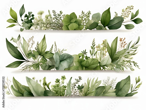 Chic Botanical Elegance Horizontal Herbal Banners for Wedding Invitations, Business Products, and Web Designs – A White Canvas Adorned with Leaves and Herbs
