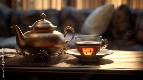 close up horizontal image of an afternoon tea served on a small table, tea pot and cup AI generated