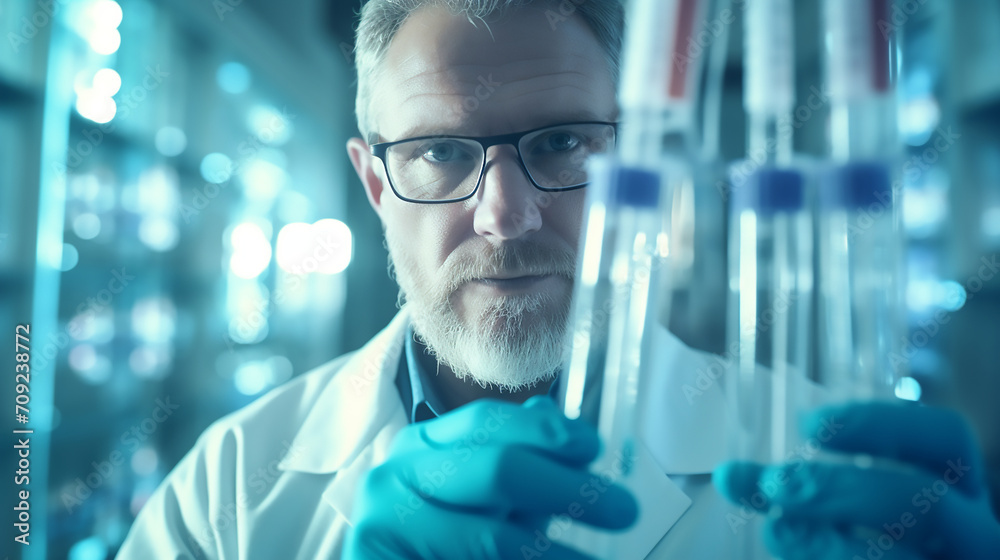 Scientist holding medical testing tubes or vials of medical pharmaceutical, Futuristic medical research Scientist holding medical testing tubes or vials of medical pharmaceutical, Futuristic medical research
