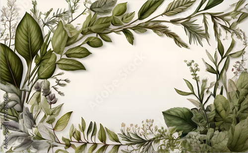 Chic Botanical Elegance Horizontal Herbal Banners for Wedding Invitations, Business Products, and Web Designs – A White Canvas Adorned with Leaves and Herbs