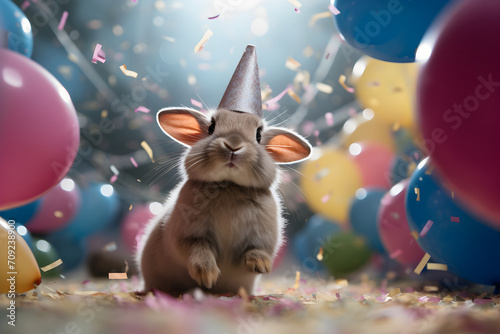Happy cute rabbit, bunny in a party hat enjoys and celebrates a birthday surrounded by falling confetti and balloons. Pet birthday concept on bright background.
