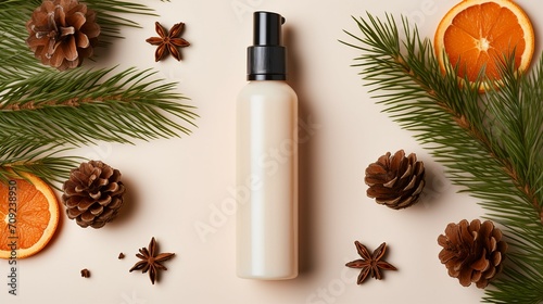 Winter Skincare Cosmetics - Top View Beauty Arrangement with Cream Jar and Festive Ornaments on Beige Background